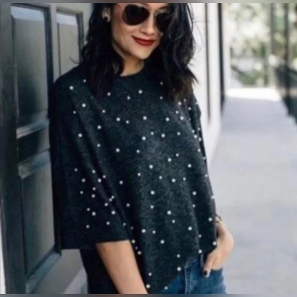 Chelsea & Theodore pearl embellished sweater 3/4 sleeve artsy glam women Large